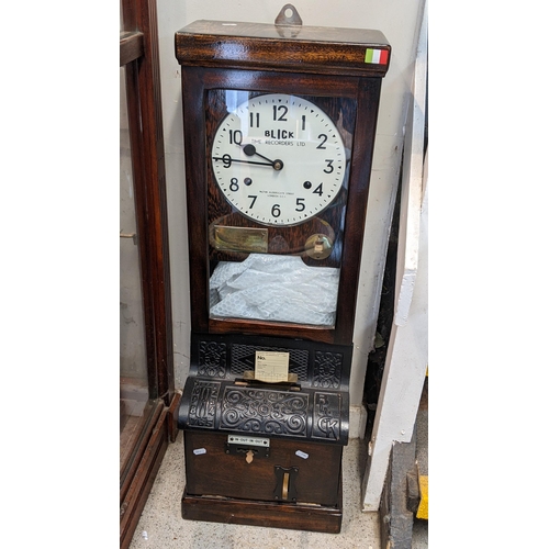 320 - A 1920's oak cased Blick Time Recorders Ltd clocking in clock, 97cm h x 34cm w
Location:FOYER

If th... 