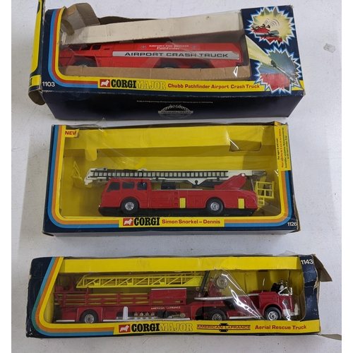 63 - Three boxed Corgi Toys Fire Engines to include No.1126 Simon Snorkel-Dennis, No.1103 Chubb Pathfinde... 