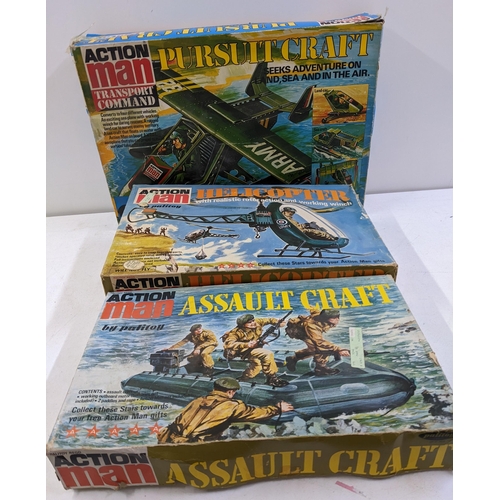 65 - Three boxed Action Man Playsets by Palitoy to include Helicopter, Pursuit Craft and Assault Craft wi... 