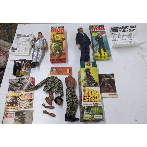 81 - Three Palitoy Action Man figures to include Tom Stone with original box A/F, missing pieces, Sailor ... 