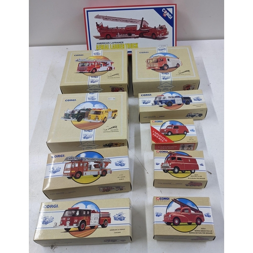 93 - A collection of ten Corgi boxed fire engines to include The Cardiff, The Nottinghamshire, and the La... 