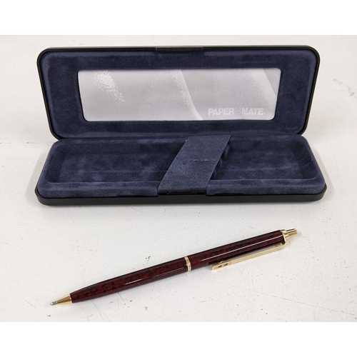 121 - A gold plated Papermate pen and pencil boxed set, and a boxed enamel Papermate ballpoint pen with re... 