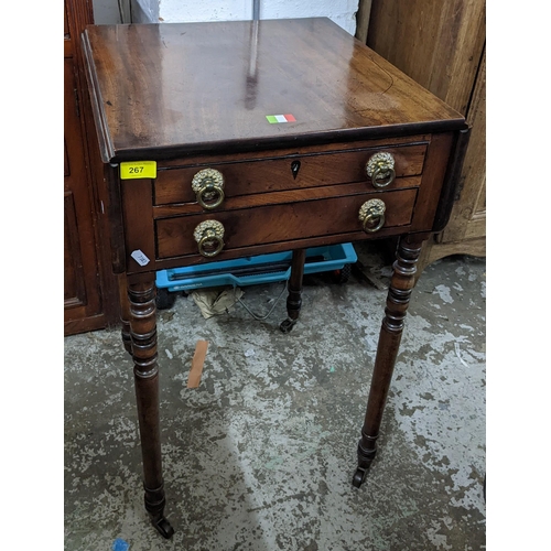 267 - A Regency mahogany two drawer work table with inlaid ebony stringing to drawer fronts, twin fall fla... 