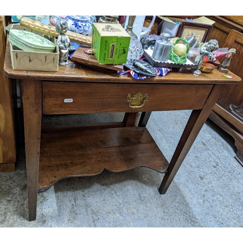 269 - An 18th century oak lowboy with single drawer on square tapered legs united by a shaped undertier Lo... 