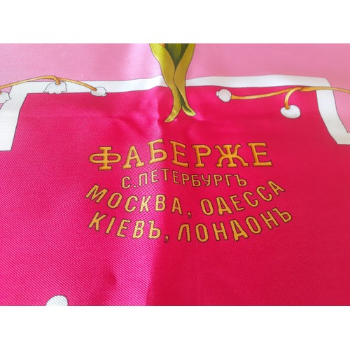 7 - Faberge- A fuchsia and pink silk scarf with green leaves and rambling stems of small white flowers w... 