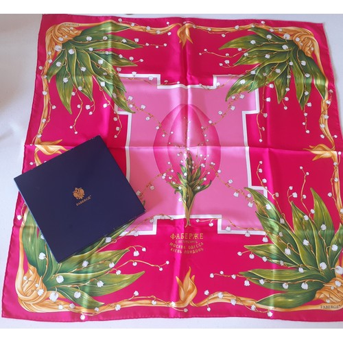 7 - Faberge- A fuchsia and pink silk scarf with green leaves and rambling stems of small white flowers w... 