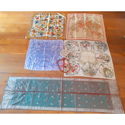 121 - Five late 20th Century scarves, mainly silk examples with hand-rolled edges to include Jaeger and Ja... 