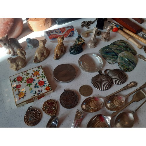 249 - A miscellaneous lot of curios to include a compact, Wade whimsies, hand carved treen ornaments, star... 