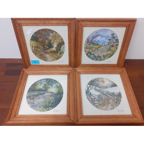 134 - Anne Harrison-Four hand-painted and embroidered pictures of rural scenes through 4 seasons, 15.5cm x... 