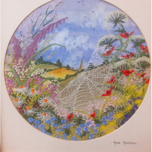 134 - Anne Harrison-Four hand-painted and embroidered pictures of rural scenes through 4 seasons, 15.5cm x... 