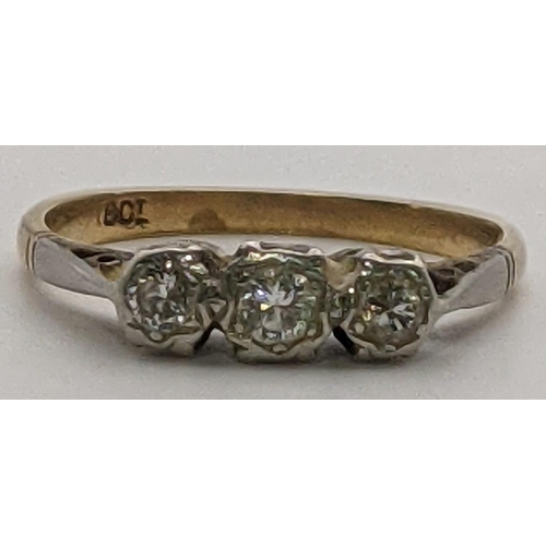 33 - A 18ct gold and three stone diamond ring, size M 1/2, 2.1g
Location:RING
If there is no condition re... 
