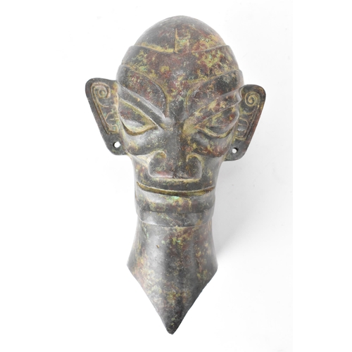 136 - A 20th century bronze Sanxingdui head in the Bronze Age, 1700-1150 BC style, with large elongated ey... 