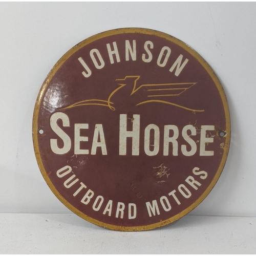 147 - A late 20th century Johnson sea horse outboard motors enamel advertising sign 38cm diameter
Location... 