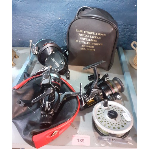 189 - Mixed fishing reels to include Mitchell Daiwa and Regal-Z together with a Kodak No:2 box brownie.
Lo... 