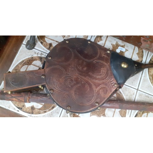 192 - A 1970's tile top coffee table, a copper fire screen, a carved panel, a walking stick, an electric S... 