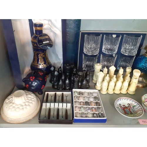 193 - A mixed household lot to include 6 Durand whisky tumblers, Oriental, china, specimen stones in the f... 