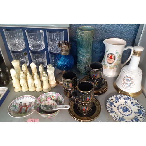 193 - A mixed household lot to include 6 Durand whisky tumblers, Oriental, china, specimen stones in the f... 