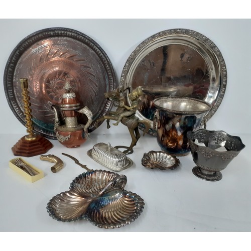 194 - A Middle Eastern circular copper tray, a large circular silver plated tray, a silver plated twin han... 