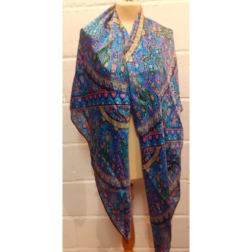 8 - Liberty-A silk wrap, unworn with original tags, in pinks, blues and green with hand rolled black bor... 