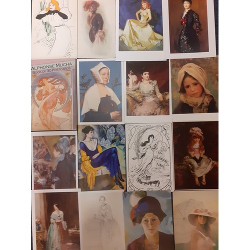 119 - A collection of fashion, museum and art related postcards to include a book of Alphonsa Mucha postca... 