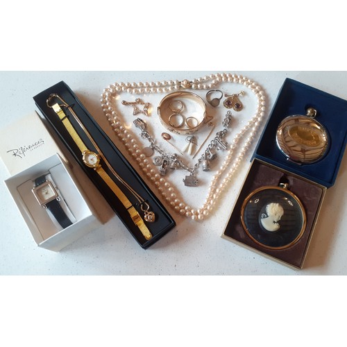 76 - A small group of costume jewellery and collectables to include an engraved gold plated bangle with s... 