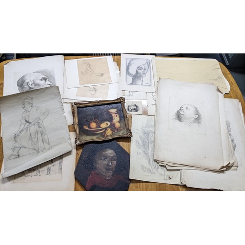 157 - Mixed sketches and engravings to include two Baskt portraits and others together with two oil painti... 