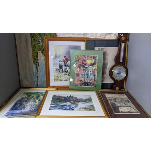 158 - A 20th century barometer and various framed pictures to include an oil on board costal scene and oth... 