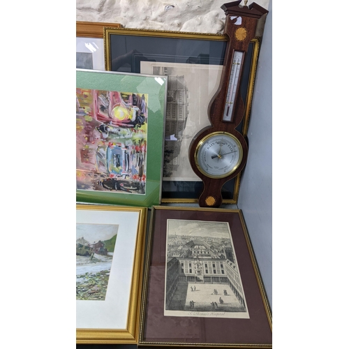 158 - A 20th century barometer and various framed pictures to include an oil on board costal scene and oth... 