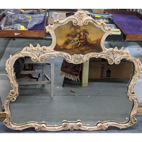 A mid 20th century French Rococo style Trumeau wall hanging mirror inset with an oil on board to the top and with a painted floral and scroll frame 86cmHx98cmW
Location: A2B
If there is no condition report shown please request
