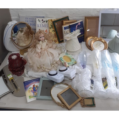 198 - A mixed lot to include Christening dresses A/F, books, frames, mirrors, lampshades, four extra long ... 