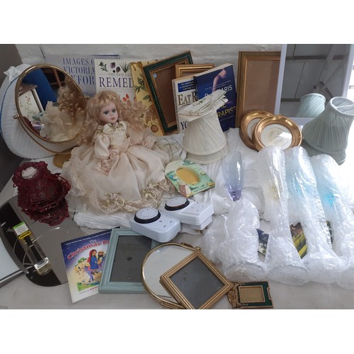 198 - A mixed lot to include Christening dresses A/F, books, frames, mirrors, lampshades, four extra long ... 