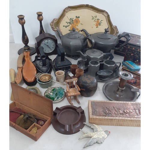 206 - Pewter tea ware, two Victorian irons, a small Smiths mantel clock, a pair of black Oriental lacquere... 