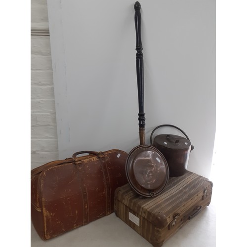 212 - A mid 20th century leather case A/F, a vintage weekend suitcase, a copper warming pan and a 19th cen... 