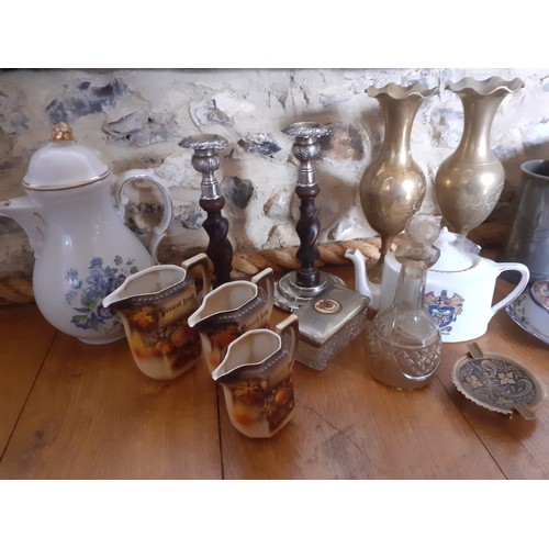 215 - Vintage ornaments and household items to include a pair of Eastern brass vases, a Chinese pewter tan... 