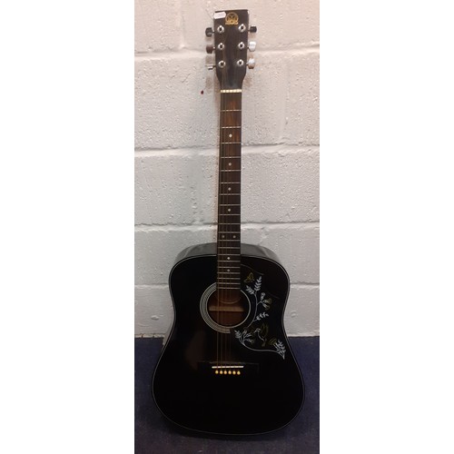 201 - A Hondo acoustic guitar in black serial no: H124BHM with hummingbird design. Location:RWF