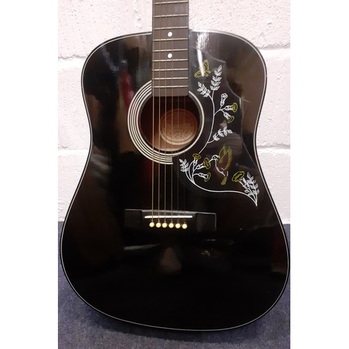 201 - A Hondo acoustic guitar in black serial no: H124BHM with hummingbird design. Location:RWF