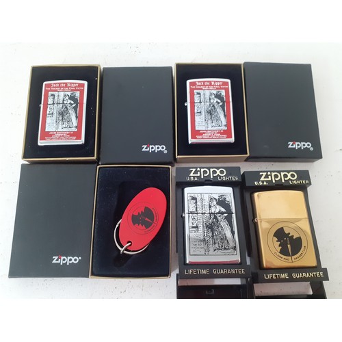 240 - Four Jack the Ripper related Zippo lighters and a key ring, all in original boxes. Location:R2.4