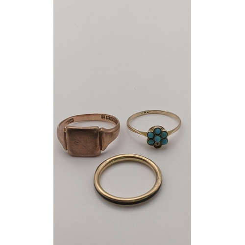 68 - Three 9ct gold rings together with a turquoise ring, one stone missing, a rose gold signet ring and ... 