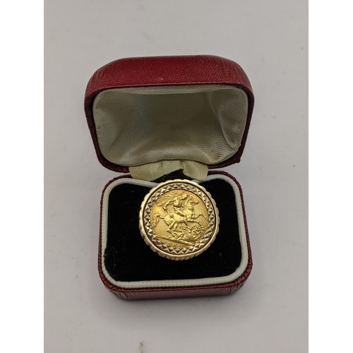 80 - An Edward VII 1907 half sovereign inset in a 9ct gold ring, total weight 11.5g
Location: CAB 3
If th... 