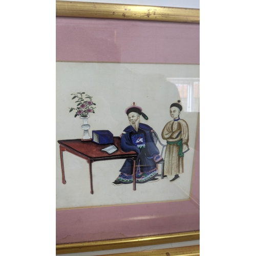 169 - A pair of 19th century Chinese paintings on rice paper depicting figures in conversation, 29cm w x 1... 