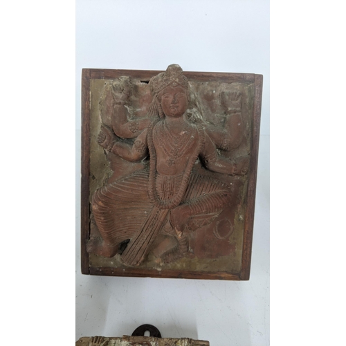 170 - Mixed Indian interest to include a framed terracotta relief plaque depicting an Indian Goddess, 16.5... 