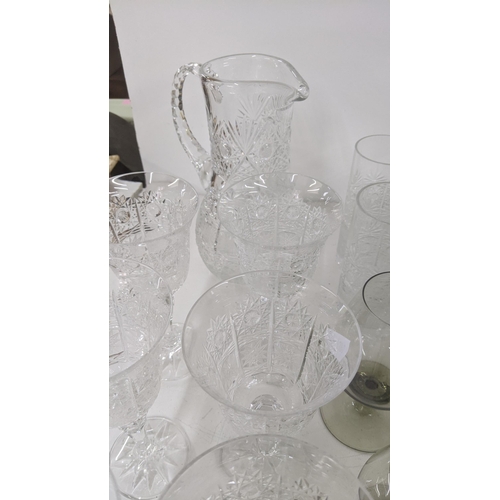 183 - Glassware to include a crystal cut water jug, a set of six matching Bohemian crystal red wine glasse... 