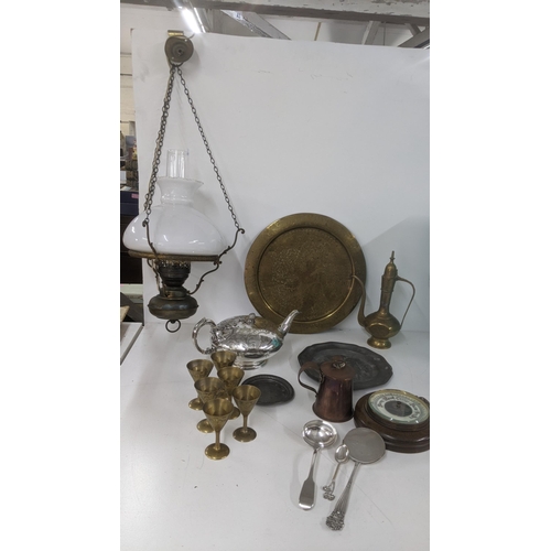 184 - Mixed metalware to include a brass floral, etched tray and matching pitcher, six goblets, a silver p... 