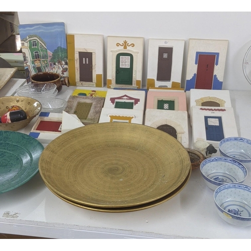 243 - A mixed lot to  include a collection of plaster wall hanging doors, a pair of gilt platters and thre... 