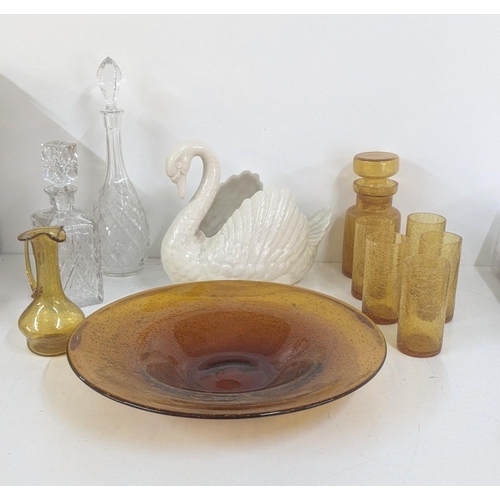 317 - An amber coloured glass dish, together with a crackle glazed jar and 5 glasses and two crystal cut g... 