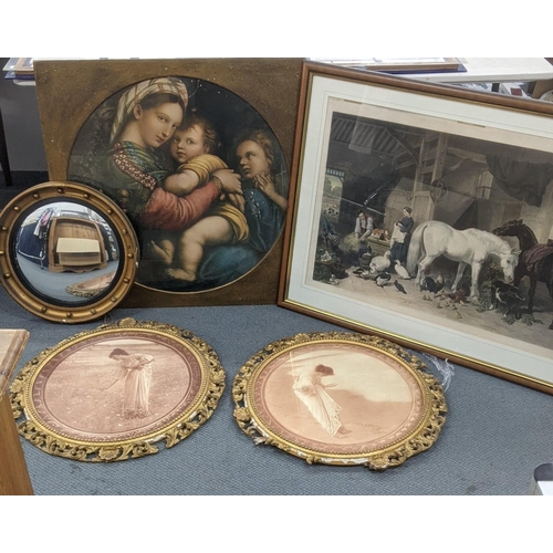 368 - Victorian framed and glazed prints to include an etching depicting a lady and gentleman in a barn wi... 