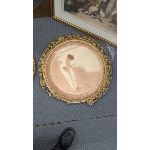 368 - Victorian framed and glazed prints to include an etching depicting a lady and gentleman in a barn wi... 