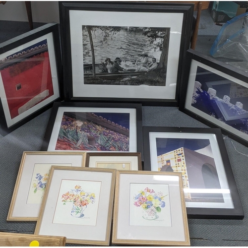 370 - Mixed framed and glazed painting and pictures to include a set of Diego Portuondo pictures inspired ... 