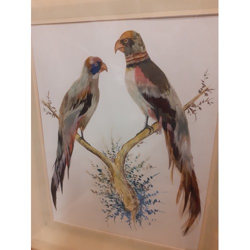 97 - A mixed lot to include a mix media picture of 2 exotic birds created with the use of feathers, an Or... 