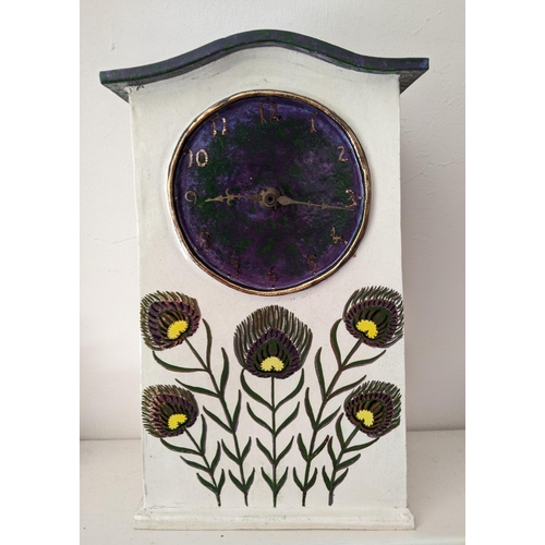 109 - Nina Deschamps - a French studio pottery mantel clock, purple and mottled green dial with gilt paint... 